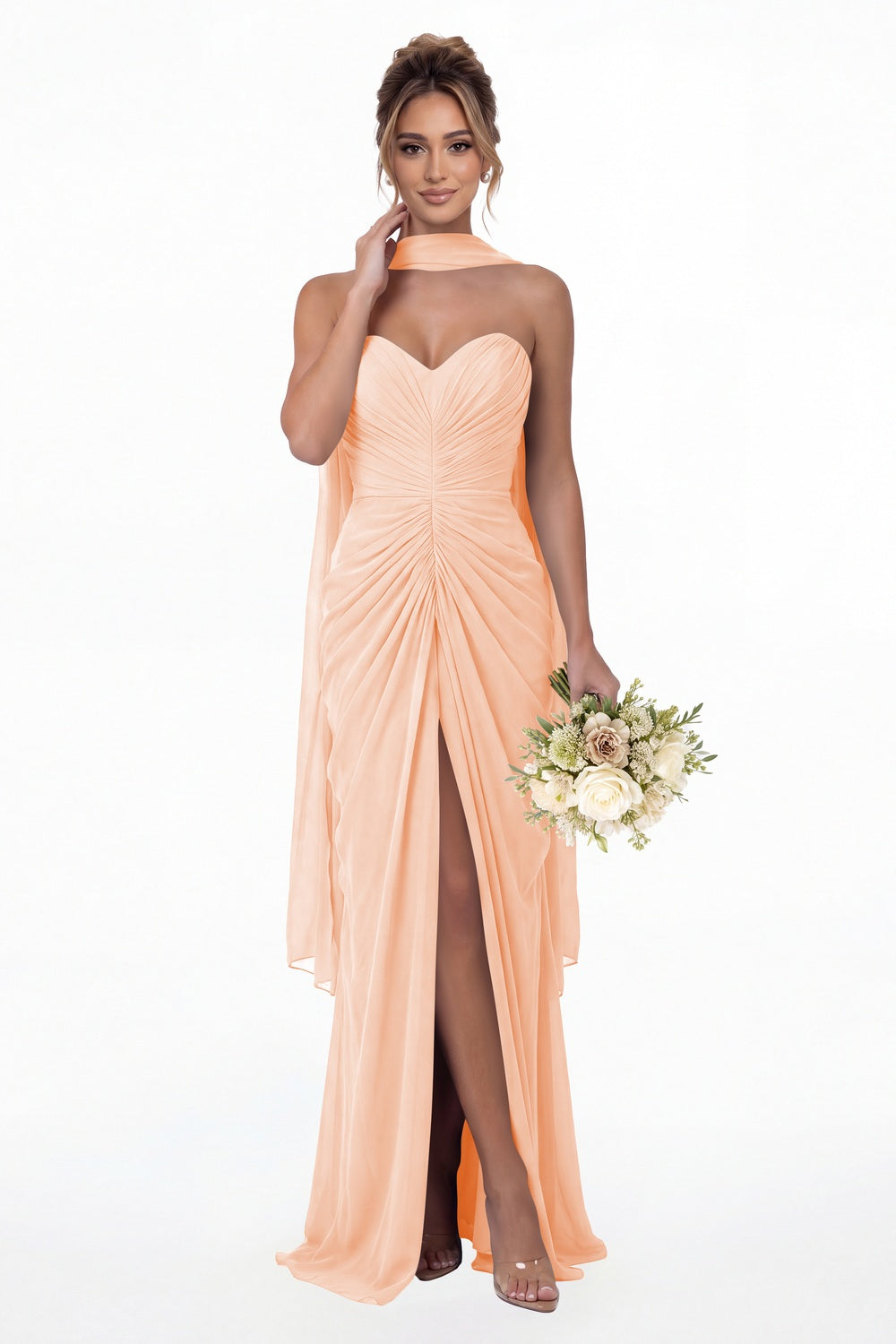 Blush Pink Strapless Ruched Chiffon Slit Maxi Gown - Front View