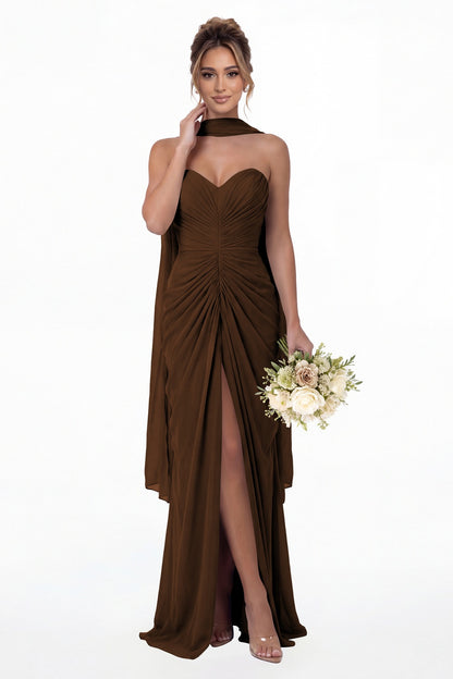 Brown Strapless Ruched Chiffon Slit Maxi Gown - Front View