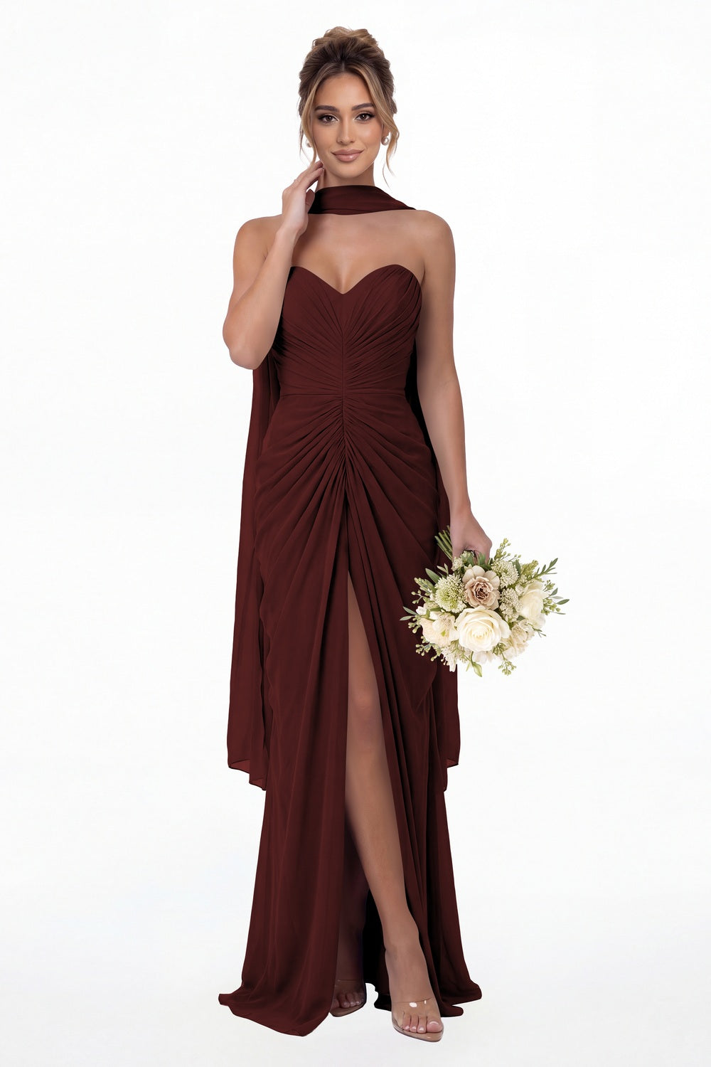 Burgundy Strapless Ruched Chiffon Slit Maxi Gown - Front View