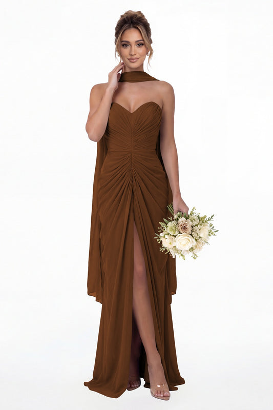 Burnt Orange Strapless Ruched Chiffon Slit Maxi Gown - Front View