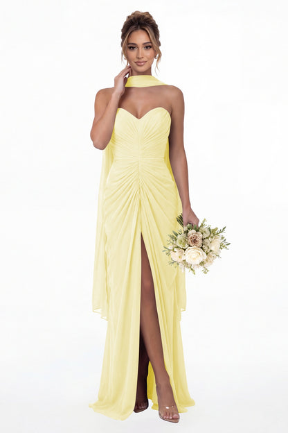 Butter Yellow Strapless Ruched Chiffon Slit Maxi Gown - Front View