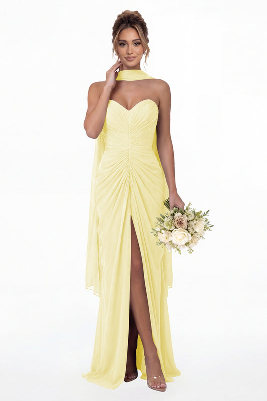 Butter Yellow Strapless Ruched Chiffon Slit Maxi Gown - Front View