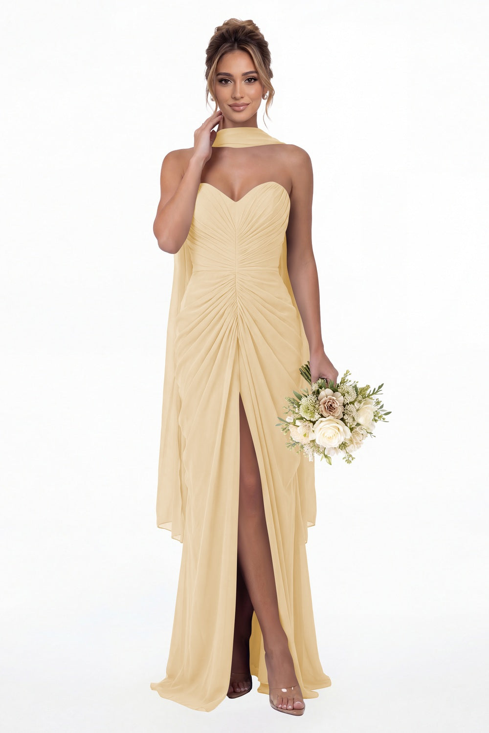 Champagne Strapless Ruched Chiffon Slit Maxi Gown - Front View