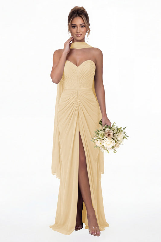 Champagne Strapless Ruched Chiffon Slit Maxi Gown - Front View