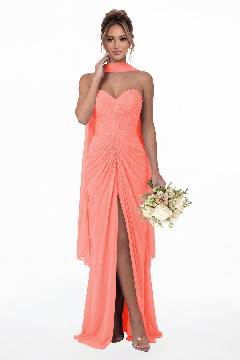 Coral Strapless Ruched Chiffon Slit Maxi Gown - Front View