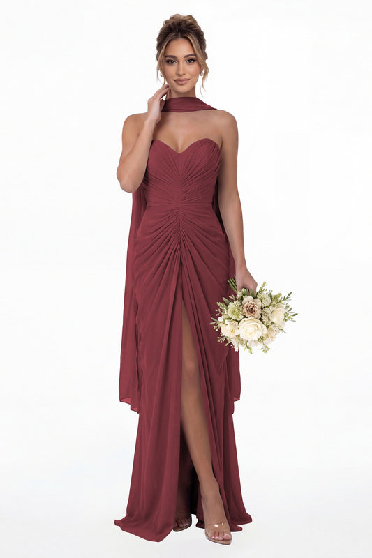 Desert Rose Strapless Ruched Chiffon Slit Maxi Gown - Front View