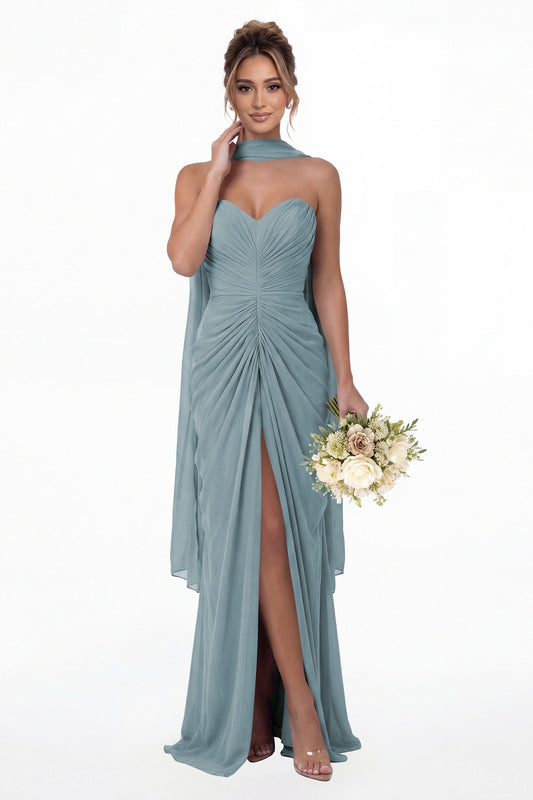 Dusty Blue Strapless Ruched Chiffon Slit Maxi Gown - Front View