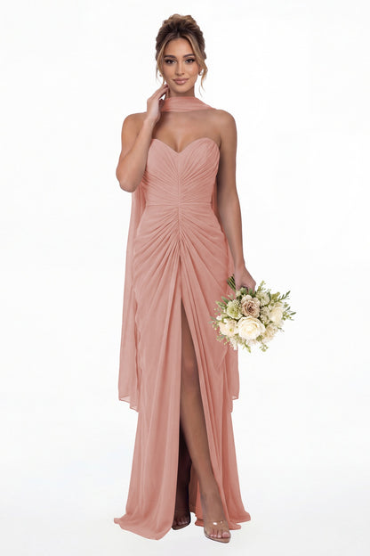 Dusty Rose Strapless Ruched Chiffon Slit Maxi Gown - Front View