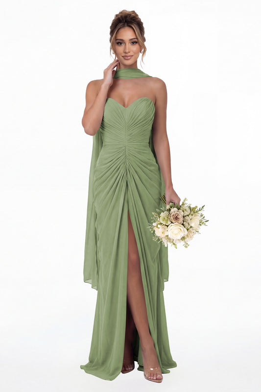Dusty Sage Strapless Ruched Chiffon Slit Maxi Gown - Front View