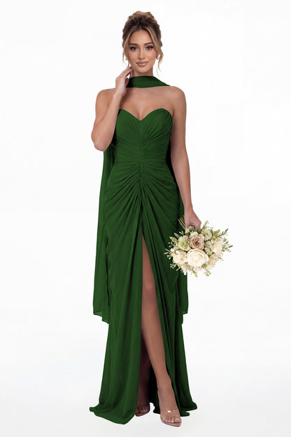 Emerald Green Strapless Ruched Chiffon Slit Maxi Gown - Front View