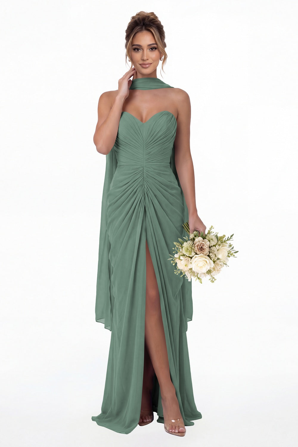 Eucalyptus Strapless Ruched Chiffon Slit Maxi Gown - Front View