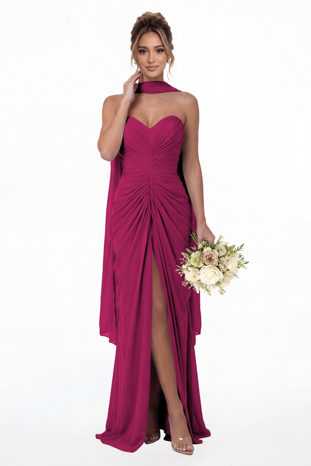 Fuchsia Strapless Ruched Chiffon Slit Maxi Gown - Front View
