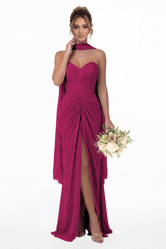 Fuchsia Strapless Ruched Chiffon Slit Maxi Gown - Front View