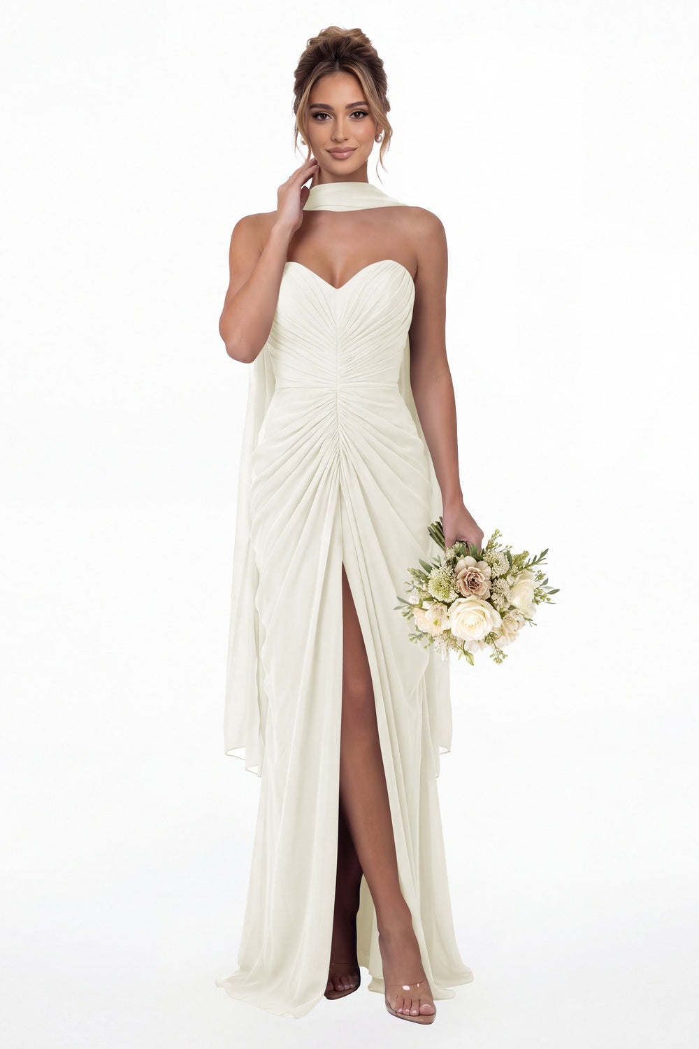 Ivory Strapless Ruched Chiffon Slit Maxi Gown - Front View