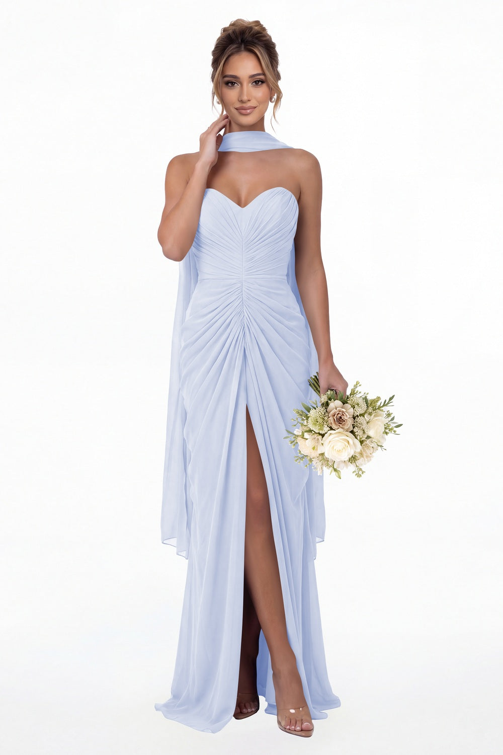 Lavender Strapless Ruched Chiffon Slit Maxi Gown - Front View