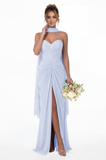 Lavender Strapless Ruched Chiffon Slit Maxi Gown - Front View