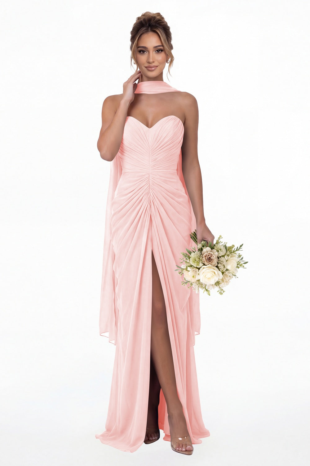 Light Pink Strapless Ruched Chiffon Slit Maxi Gown - Front View