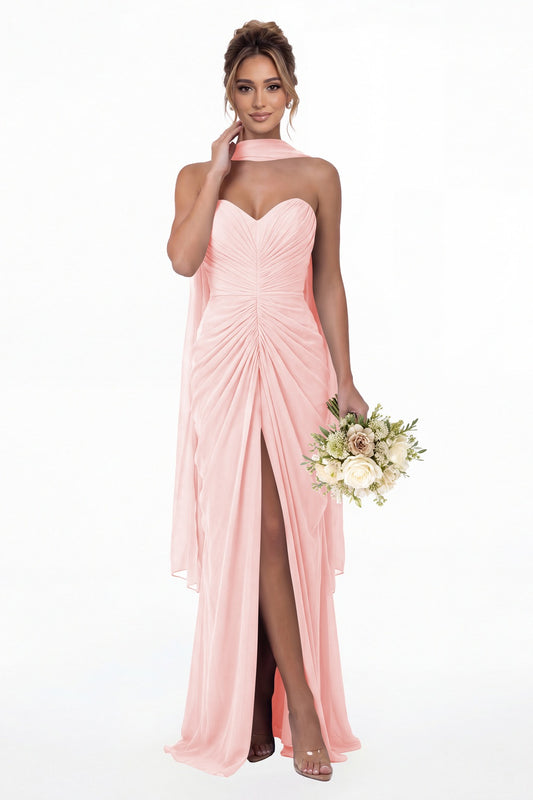 Light Pink Strapless Ruched Chiffon Slit Maxi Gown - Front View
