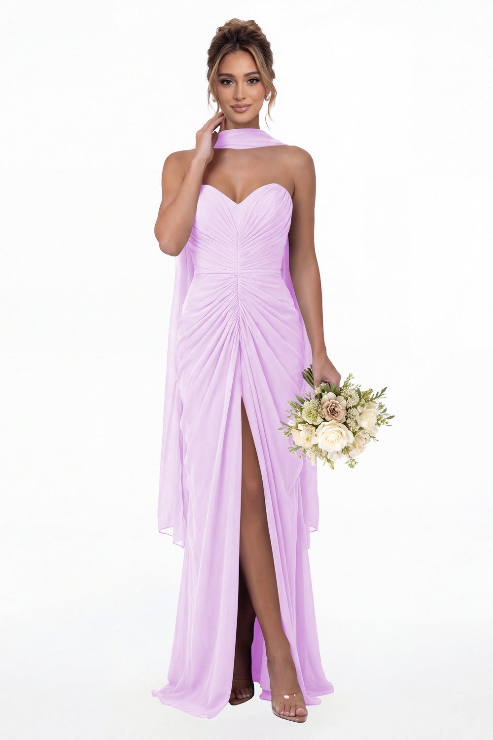 Lilac Strapless Ruched Chiffon Slit Maxi Gown - Front View