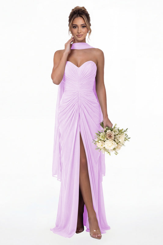 Lilac Strapless Ruched Chiffon Slit Maxi Gown - Front View