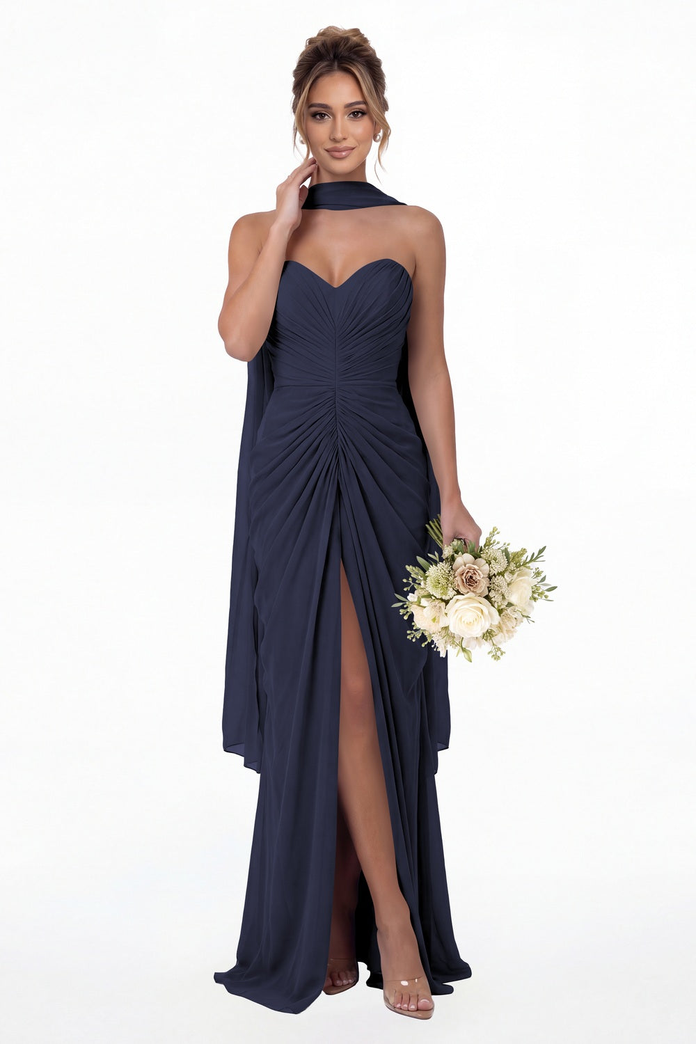 Navy Blue Strapless Ruched Chiffon Slit Maxi Gown - Front View