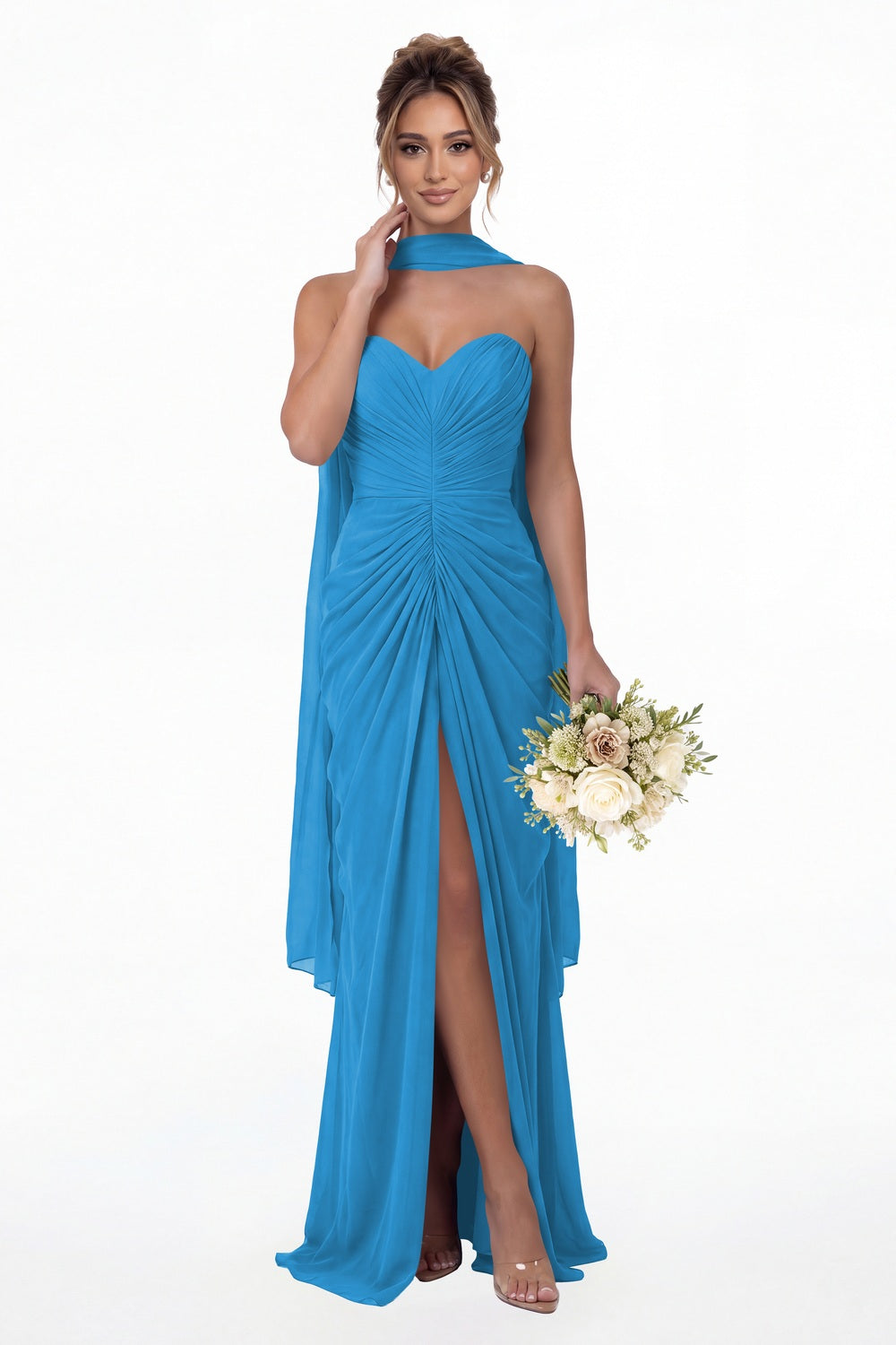 Ocean Blue Strapless Ruched Chiffon Slit Maxi Gown - Front View