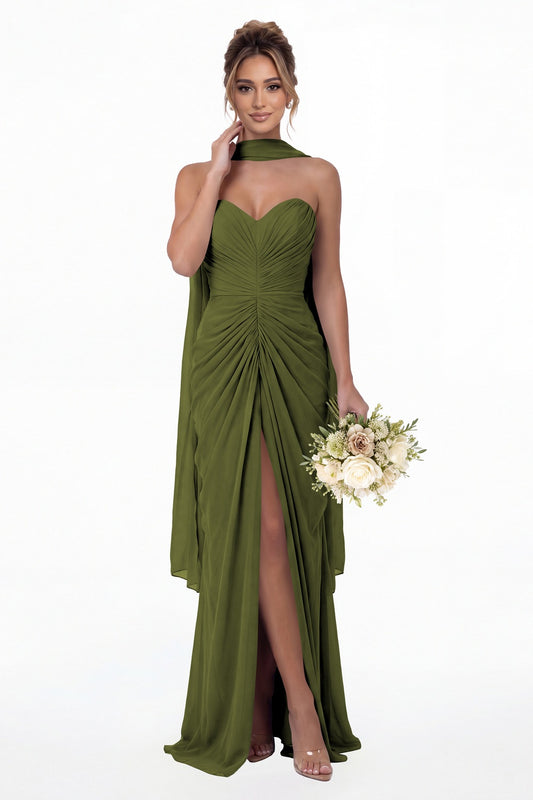 Olive Green Strapless Ruched Chiffon Slit Maxi Gown - Front View