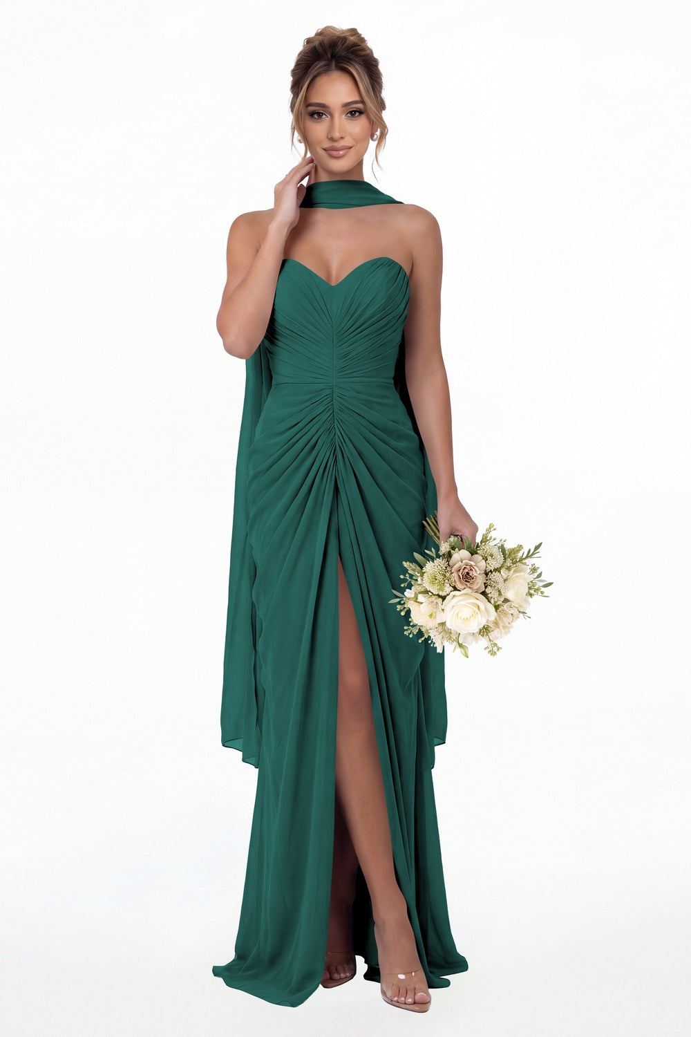 Peacock Strapless Ruched Chiffon Slit Maxi Gown - Front View
