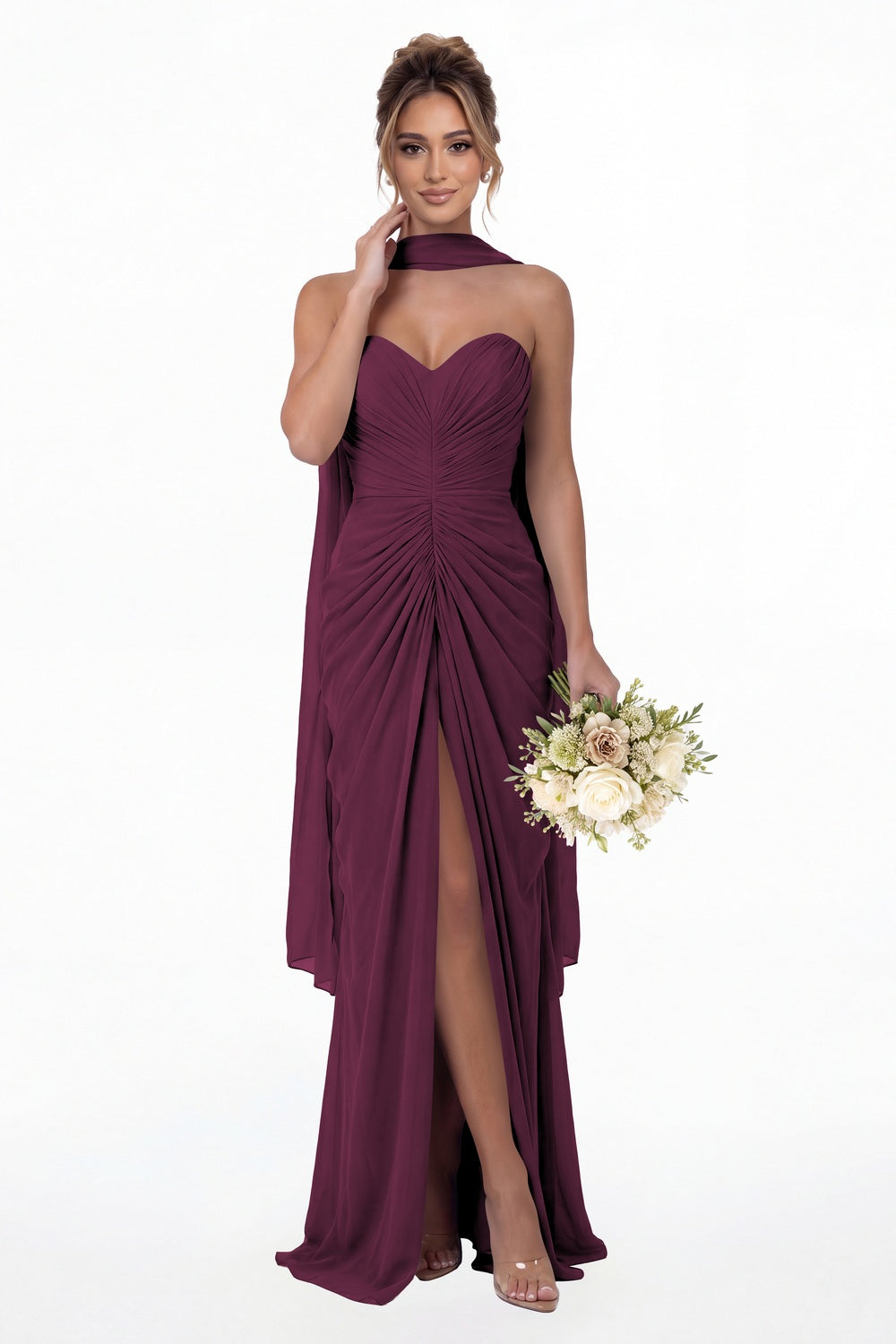 Plum Strapless Ruched Chiffon Slit Maxi Gown - Front View