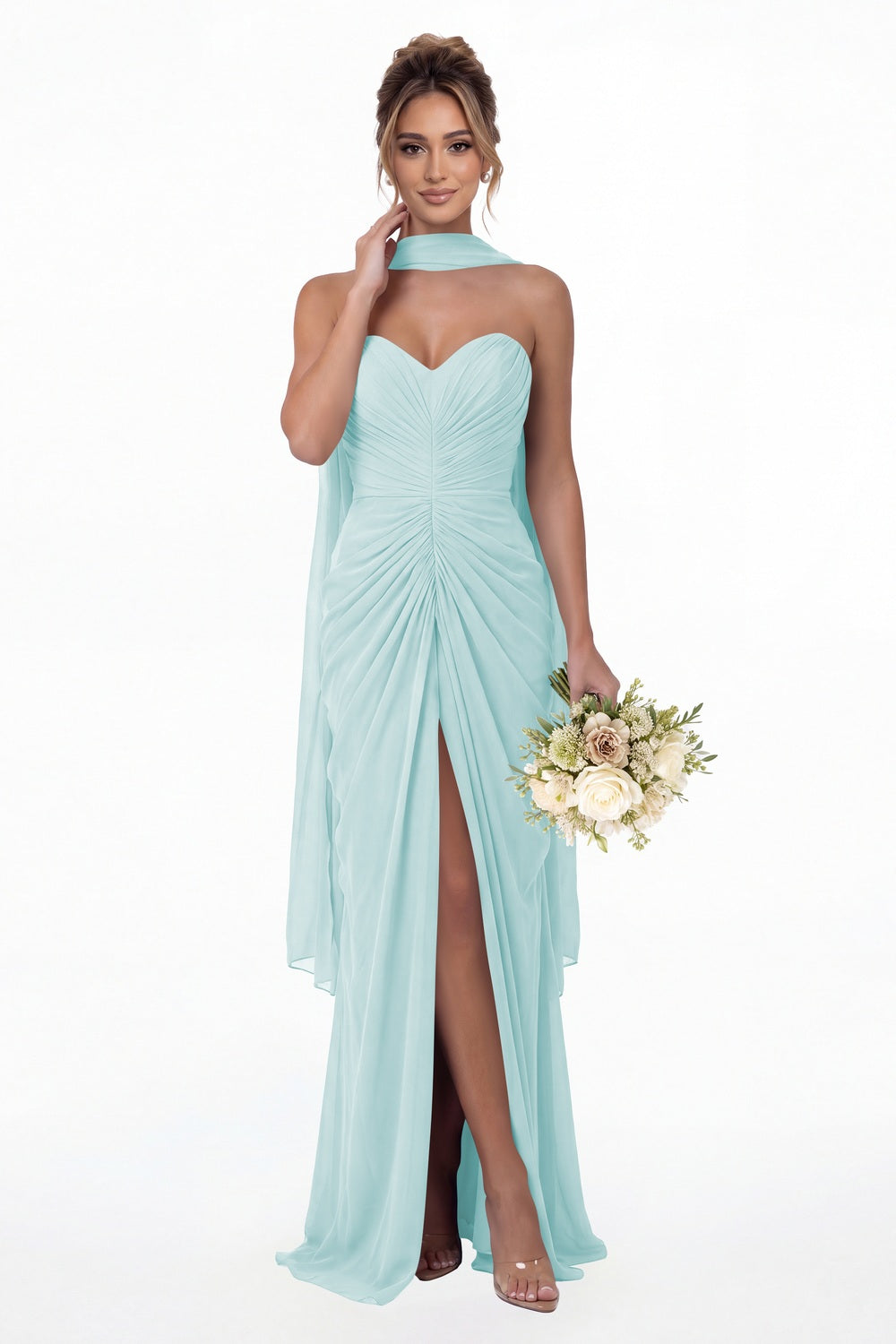 Powder Blue Strapless Ruched Chiffon Slit Maxi Gown - Front View