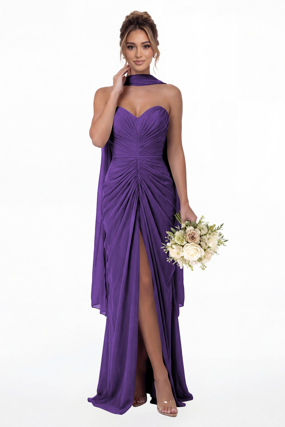 Purple Strapless Ruched Chiffon Slit Maxi Gown - Front View