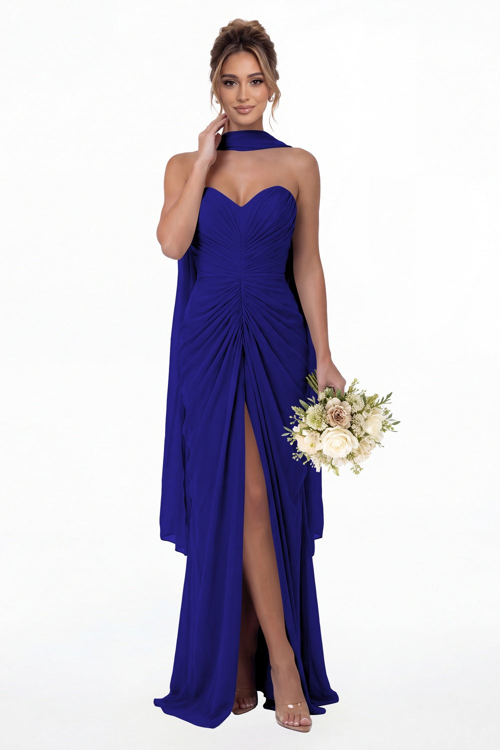 Royal Blue Strapless Ruched Chiffon Slit Maxi Gown - Front View