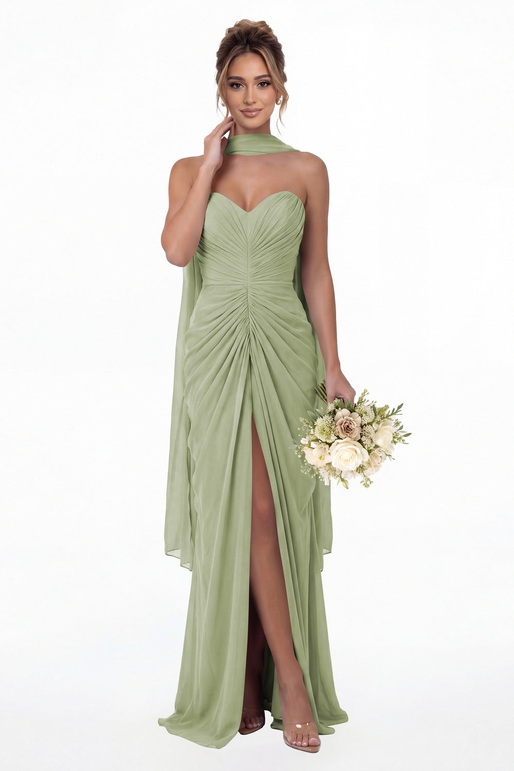 Sage Green Strapless Ruched Chiffon Slit Maxi Gown - Front View
