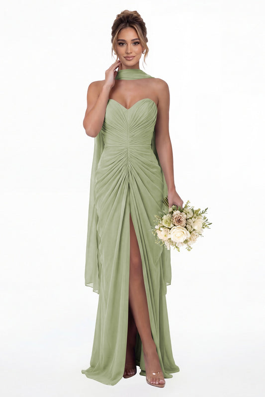 Sage Green Strapless Ruched Chiffon Slit Maxi Gown - Front View