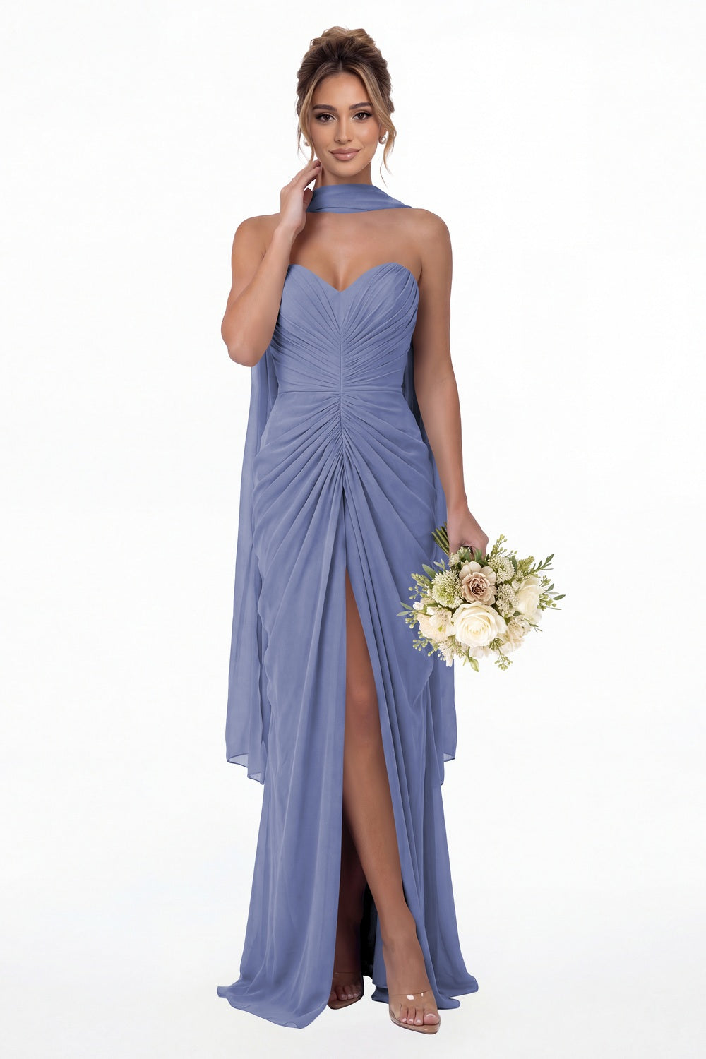 Steel Blue Strapless Ruched Chiffon Slit Maxi Gown - Front View