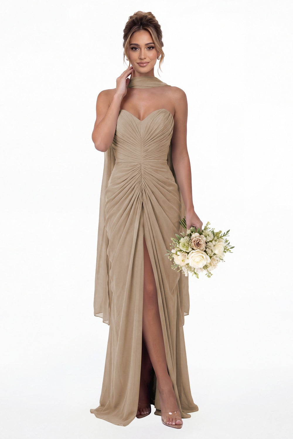 Taupe Strapless Ruched Chiffon Slit Maxi Gown - Front View
