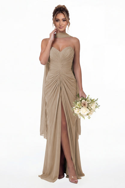Taupe Strapless Ruched Chiffon Slit Maxi Gown - Front View