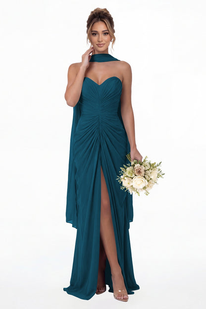 Teal Strapless Ruched Chiffon Slit Maxi Gown - Front View