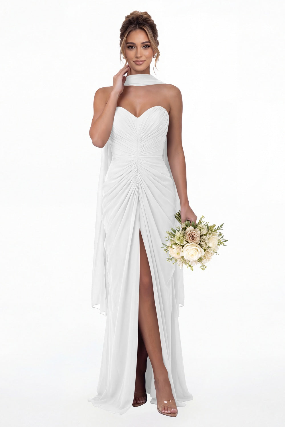 White Strapless Ruched Chiffon Slit Maxi Gown - Front View