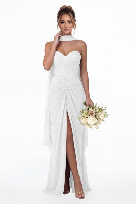 White Strapless Ruched Chiffon Slit Maxi Gown - Front View