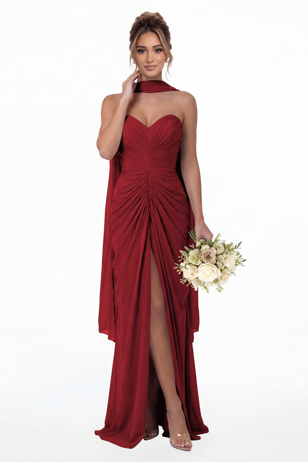 Wine Red Strapless Ruched Chiffon Slit Maxi Gown - Front View