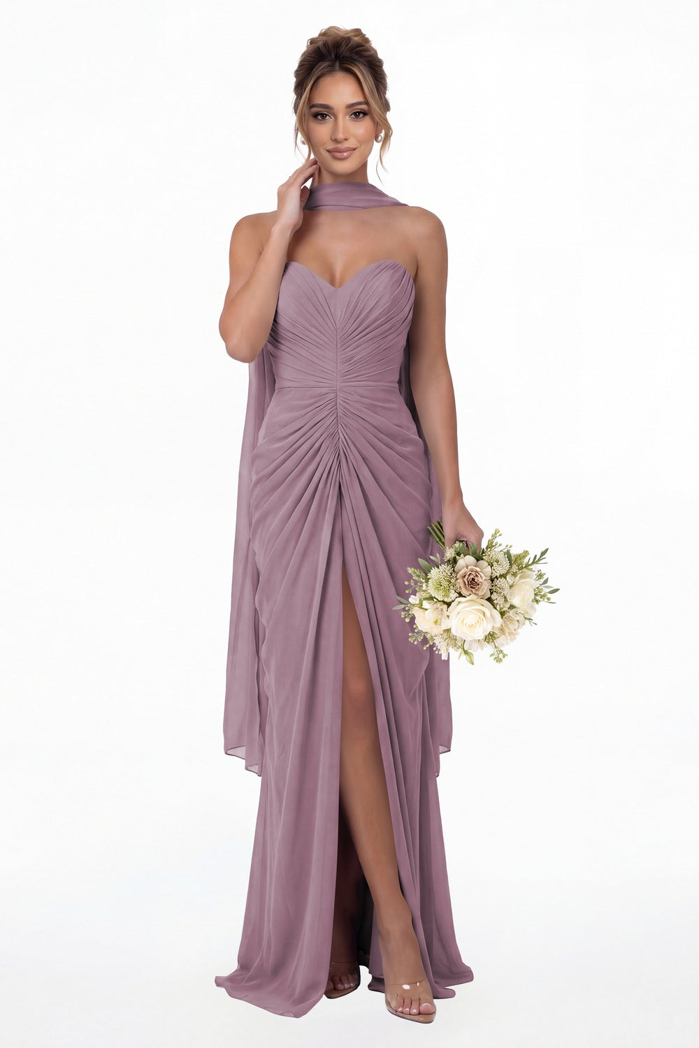 Wisteria Strapless Ruched Chiffon Slit Maxi Gown - Front View