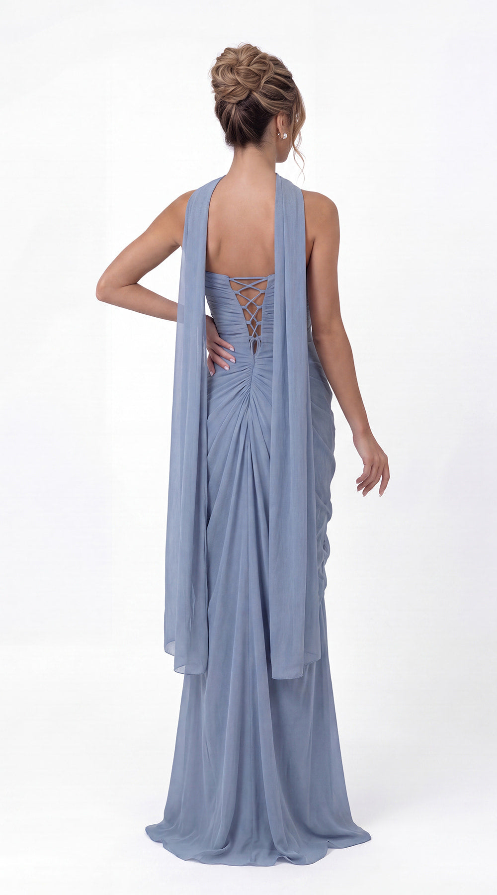 Aqua Blue Strapless Ruched Chiffon Slit Maxi Gown - Front View