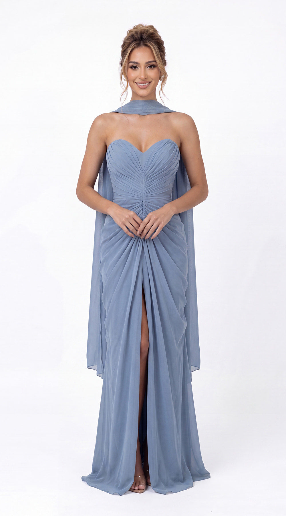 Strapless Ruched Chiffon Slit Maxi Gown - Back View