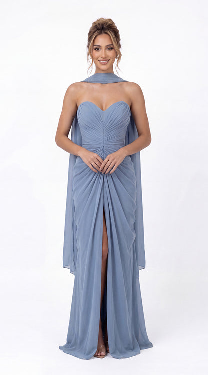 Strapless Ruched Chiffon Slit Maxi Gown - Back View