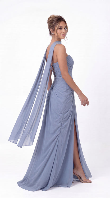 Strapless Ruched Chiffon Slit Maxi Gown - Detail View 1