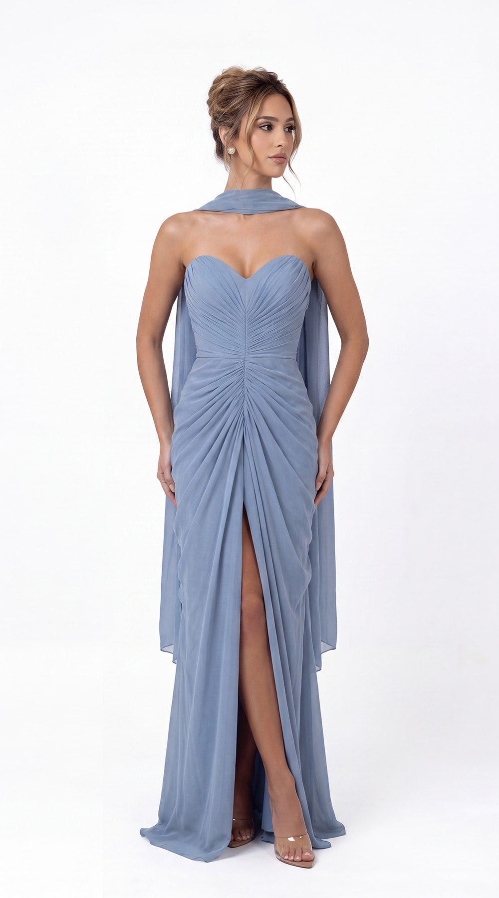Strapless Ruched Chiffon Slit Maxi Gown - Detail View 3