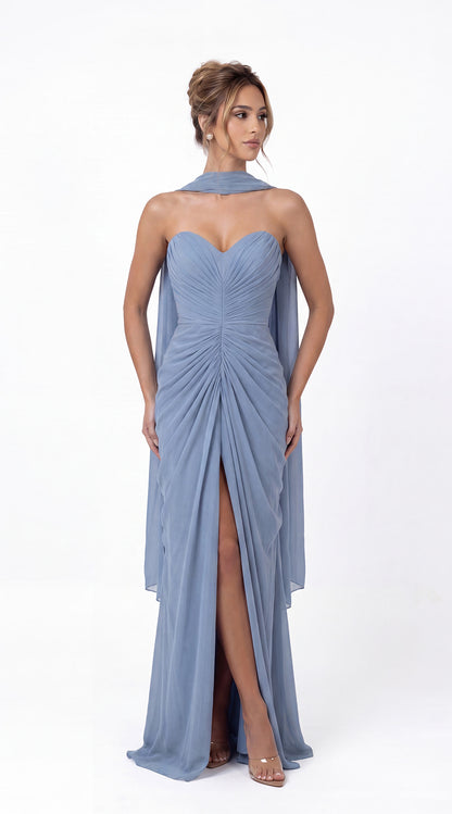 Strapless Ruched Chiffon Slit Maxi Gown - Detail View 3