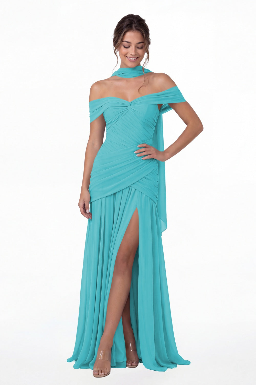 Aqua Blue Off Shoulder Ruched Chiffon Slit Maxi Gown - Front View