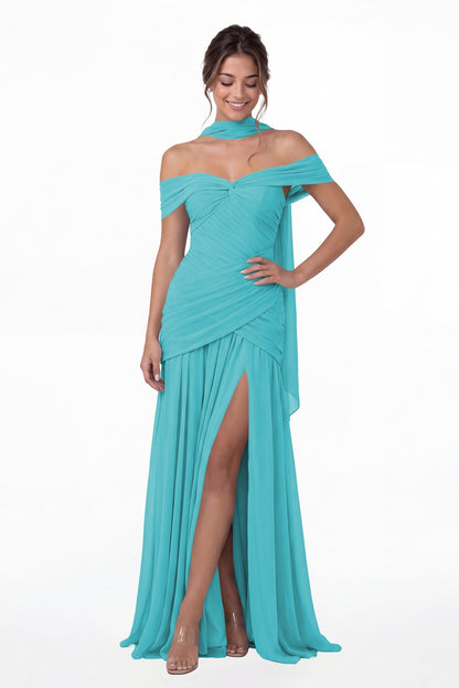Aqua Blue Off Shoulder Ruched Chiffon Slit Maxi Gown - Front View